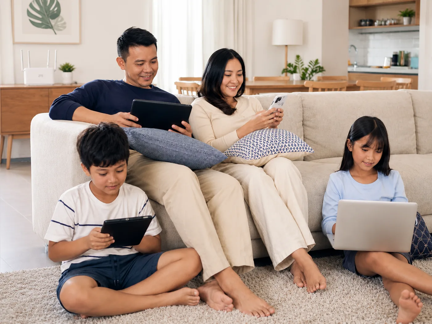 Keluarga menggunakan perangkat digital bersama di ruang tengah