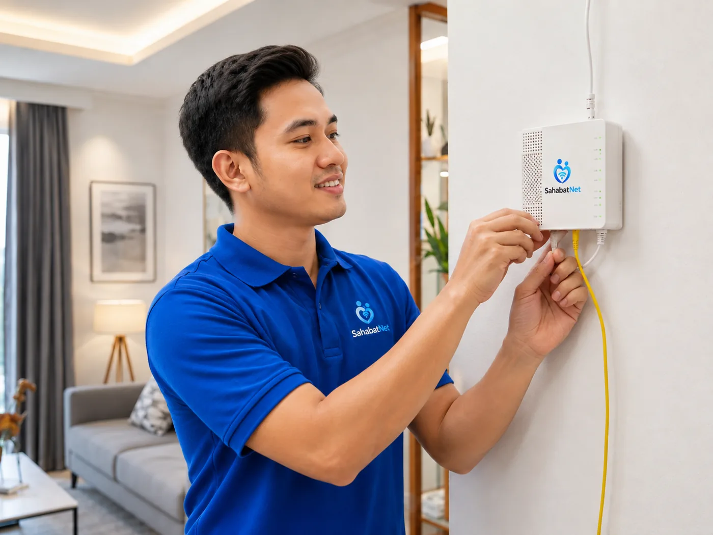 Teknisi memasang perangkat ONT internet di rumah
